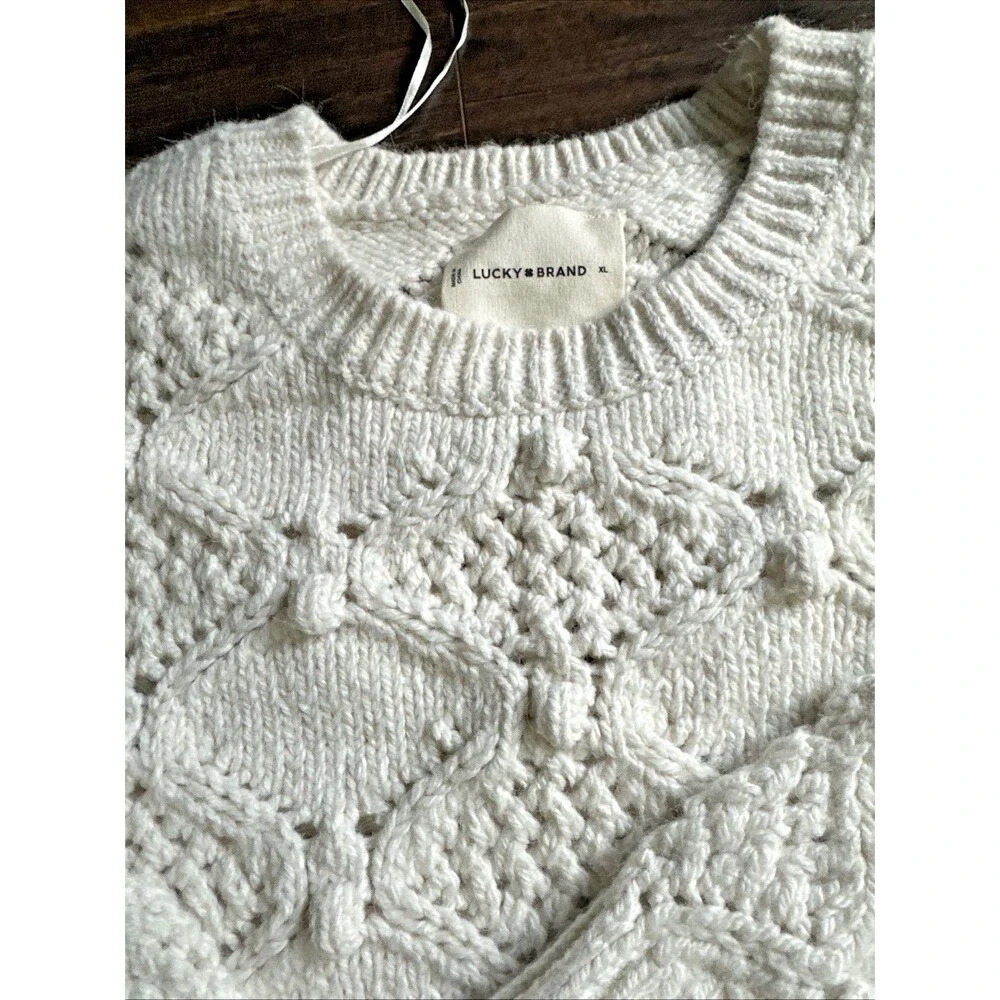 Lucky Brand Women's Open Stitch Pullover Sweater Top Whisper Off White XL